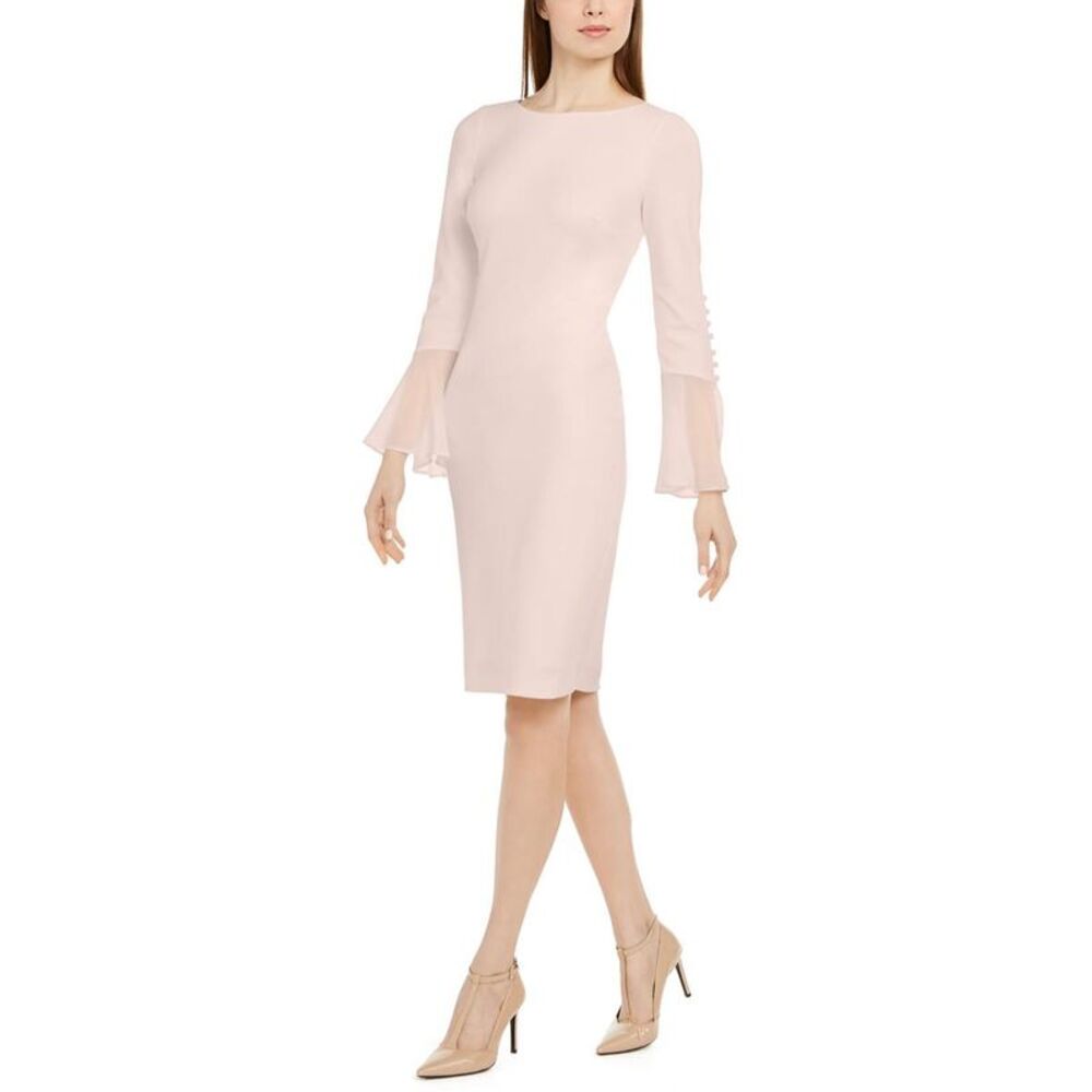 Calvin Klein Pale Pink Long Sleeve Sheath Dress with Fluted Cuffs